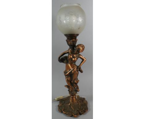 A Mid 20th Century Figural Copper Table Lamp with Etched Shade, Total Height 57cm 