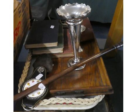 A Tray of Sundries to Include Silver Plate Trumpet Vases, Welsh Books, Swagger Stick etc 