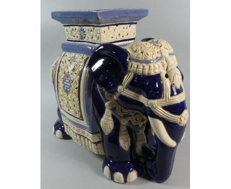 A Large Blue and Cream Glazed Ceramic Seat in the Form of an Elephant, 50cm Long 