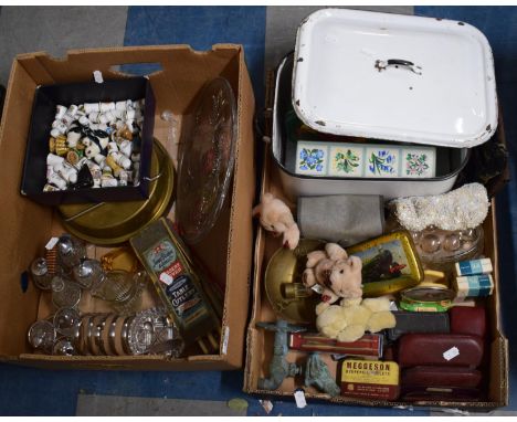 Two Boxes of Vintage Spectacles, Souvenir Thimbles, Cruet and Cutlery, Cigarette Cards, Glass Jelly Mould, Garden Tap 
