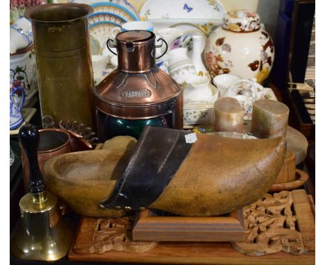 A Tray of Treen, Metal and Other Sundries to Include Clog, Bookslide, Handbell, Trench Art Shell Case, Repro Ships Lamp, Book