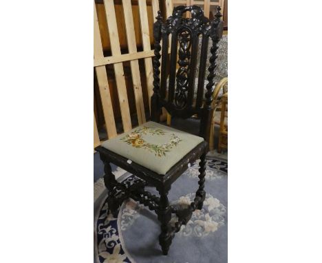 A Late 19th Century Oak Barley Twist Side Chair with Tapestry Seat In the Gothic Revival Style 