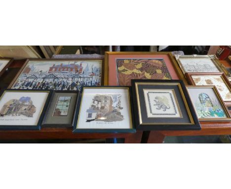 A Collection of Nine Framed Embroideries to Include Lowry Tapestry 