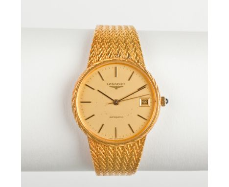 GENTLEMAN'S GOLD PLATED AUTOMATIC LONGINES WRIST WATCH
the circular dial with baton numerals and date aperture, on a woven br
