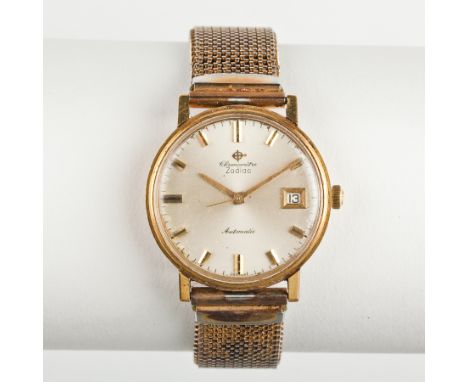 GENTLEMAN'S GOLD PLATED ZODIAC CHRONOMETRE WRIST WATCH
c.1970, the round white dial with baton numerals and date counter, on 