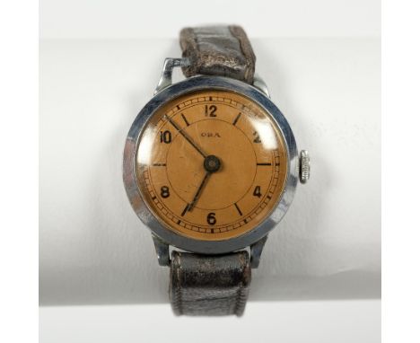GENTLEMAN'S 1940S ORA WRIST WATCH
the dial with Arabic and baton numerals, in a stainless steel case, on a leather strap