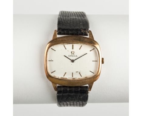 GENTLEMAN'S 1960S NINE CARAT GOLD OMEGA WRIST WATCH
the rectangular dial with baton numerals, on a later strap