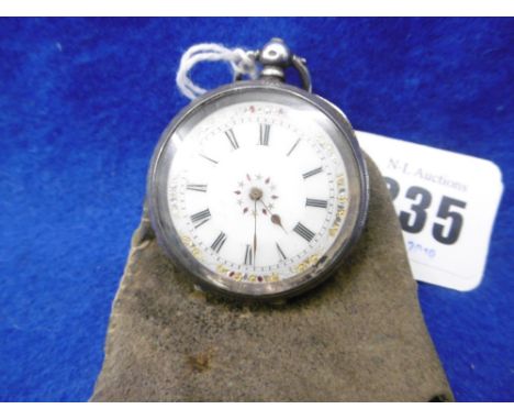 A SILVER SWISS OPEN FACED POCKET WATCH WITH FLORAL ENAMEL DIAL