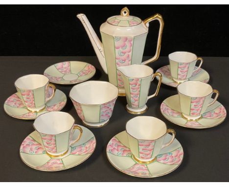 A Royal Stafford coffee set comprising coffee pot, cream jug and sugar bowl, five cups, six saucers, c.1930 