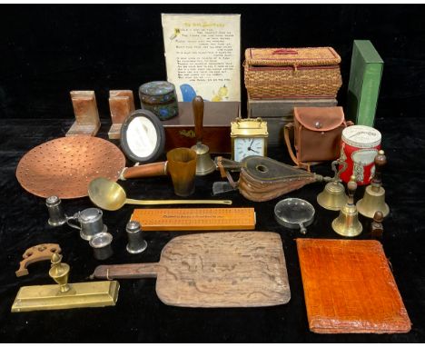 A 19th century oak microscope box, interior with retailer's paper label; brass hand bells; pierced copper milk skimmer; rusti