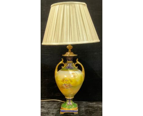 A Staffordshire table lamp, printed and painted with fanciful birds perched and in flight, gilt scroll handles, 45cm high; wh