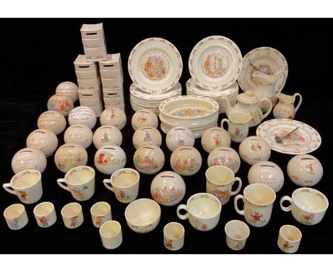 A large collection of Royal Doulton Bunnykins nursery ware, cups, mugs, money banks, plates, etc 