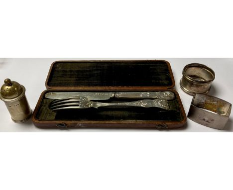 A William IV/Victorian silver knife and fork christening set, Birmingham 1937/38, cased; a George V silver pepper pot, London