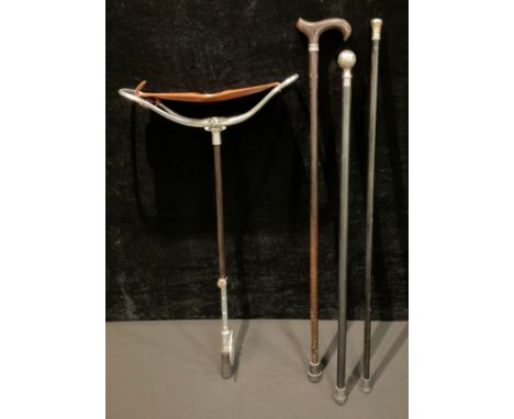 An ebonised walking stick, silver knop, marks rubbed, c.1900; two other later walking sticks; a shooting stick (4) 