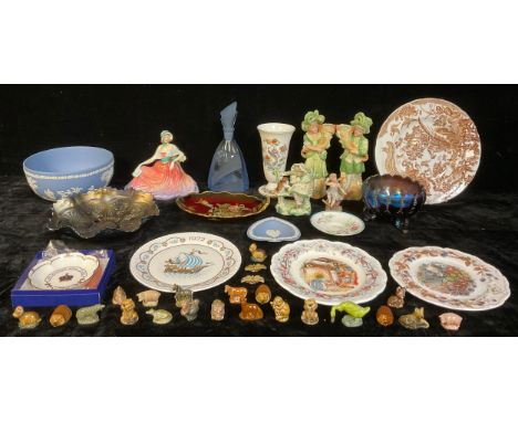 A Royal Doulton figure, HN2080; a Wedgwood Jasperware bowl; Royal Doulton Brambly Hedge plates; carnival glass; Carlton Ware;