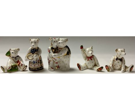 A Royal Crown Derby miniature bear, Cook, others, Bear Hug, Emma, Gone Fishing and Edward, printed marks, first quality (5) 