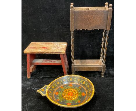 A Scandinavian painted bowl; a painted stool; an oak walking stick stand (3) 