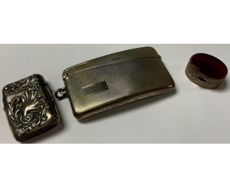 A George V silver engine turned bowed rectangular visiting card case, vacant rectangular cartouche, gilded interior, suspensi