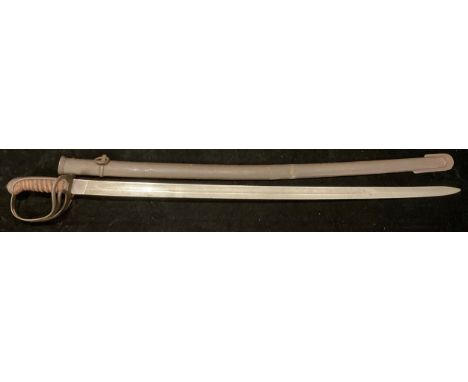 A 19th century sword, wire bound leather grip, the 85.5cm blade stamped 1579AE, the steel scabbard with single suspension rin