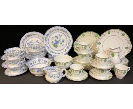 A Royal Worcester tea service for six, blue flower pattern, comprising cake plates, side plates, cream jug, sugar bowl, cups 