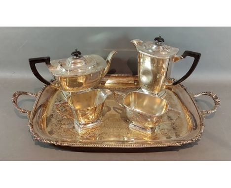 A silver plated four piece tea service together with a silver plated two handled tray 