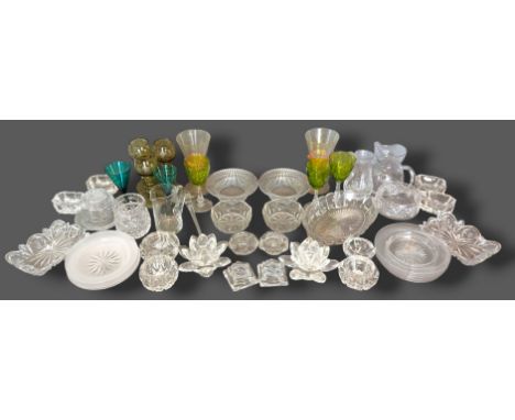 A pair of cut glass dishes together with other glassware 