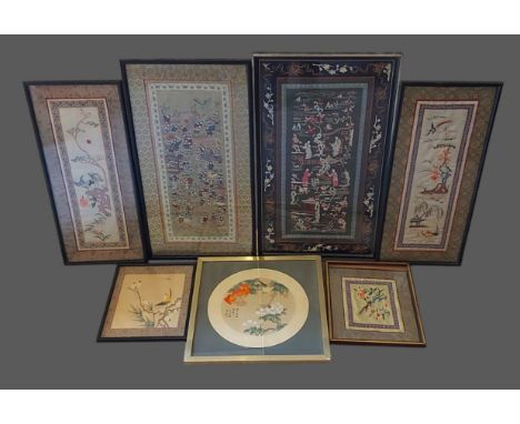A Chinese silkwork embroidery depicting figures together with four similar embroideries and two Chinese watercolours 