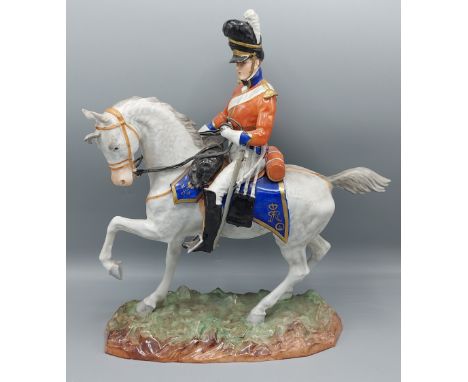 A Dresden porcelain horse and rider, The Scots Greys, 34cms tall