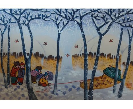 A Chinese folk art watercolour winter scene with figures, signed with seal mark, 54cms x 76cms