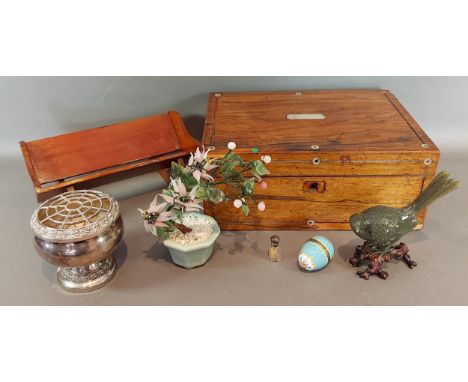 A Chinese jade model of a bird with hardwood stand together with a Rosewood workbox and other items 