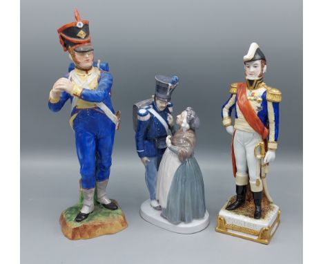 A Dresden porcelain figure Artillerie de Bataillon de Neuchatel together with another similar figure and a similar Royal Cope