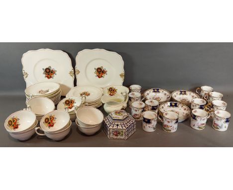 A set of twelve Copelands coffee cups with nine saucers, hand painted upon a blue and white ground together with a Tuscan chi
