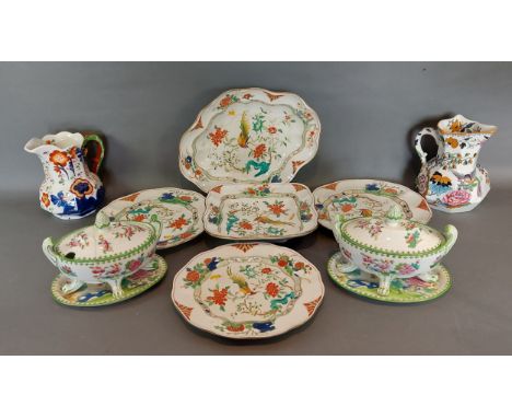A Masons Ironstone jug together with another similar by Allertons, a Booths dessert service and a pair of tureens with stands
