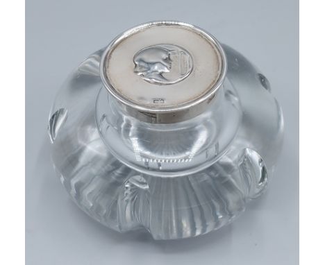 A glass and London silver mounted inkwell 