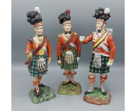 A Dresden porcelain figure, Gordon Highlander together with another Seaforth Highlander and another to commemorate the battle