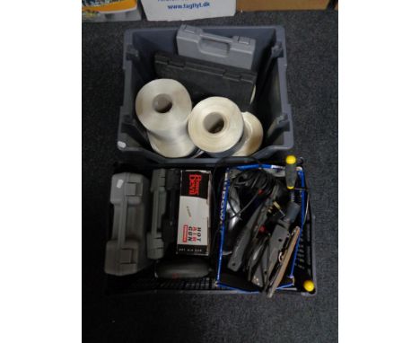 A box of assorted power tools, six spools of binding ribbon 