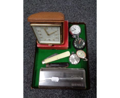 A boxed Smiths 15 jewel eight day alarm clock together with assorted pocket watches, compass, Parker pen  etc 