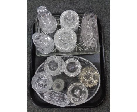 A tray of glass ware, trinket trays and sets, crystal perfume bottles etc 