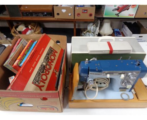 A twentieth century Newhome electric sewing machine in case together with a box of vintage board games 