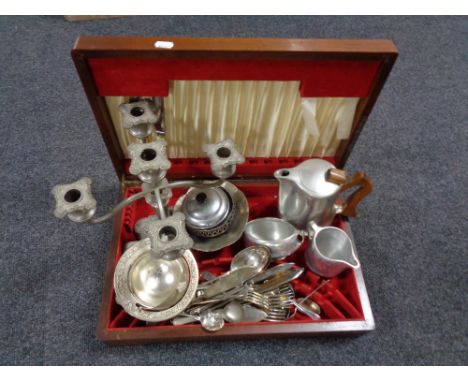 A cutlery box containing canteen of cutlery, plated wares, three pieces piquet tea service 