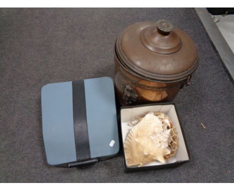 A copper lidded coal bucket with liner together with a vintage typewriter and box of shells 