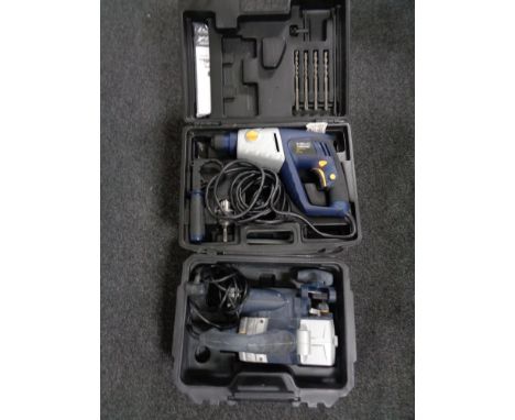 Two cased Macallister power tools  - 750 watt hammer drill and Belt sander 