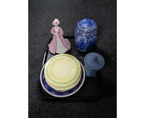 A tray of Wedgwood jasper ware lidded urn, Ringtons Coalport figure - Emily 19/5000, Ringtons tea caddy, Carlton ware side pl