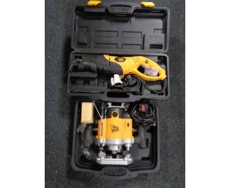 Two JCB cased power tools, reciprocating saw, router