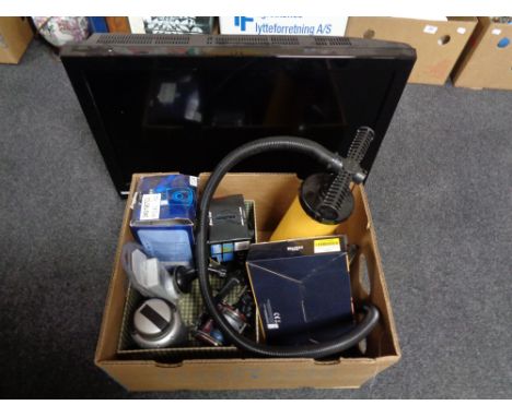 A Techwood 26 inch TV together with a box of fishing reels, digital camera, sat nav etc 