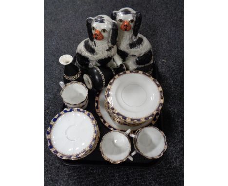 A tray of pair of Staffordshire dog figures, Crown Devon fieldings vases, part antique china tea service 