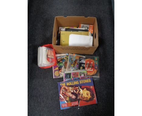 A box of Rolling stones tour programme, Super Star collector's cards, vintage Elvis magazines, DC super man and woman comics 