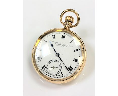 A good 9ct gold open faced pocket watch, signed Goldmsiths &amp; Silversmiths Co. Ltd, 112 Regent Street, London, enamel dial
