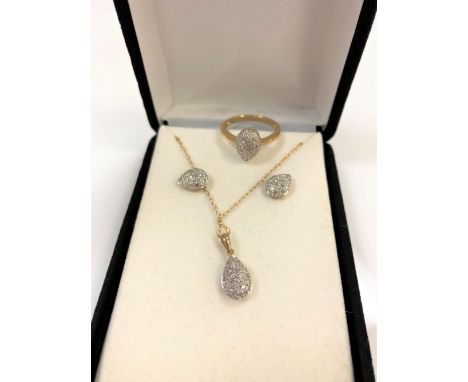 A suite of diamond set 9ct gold jewellery to include ring, pendant on chain and matching pair of earrings.