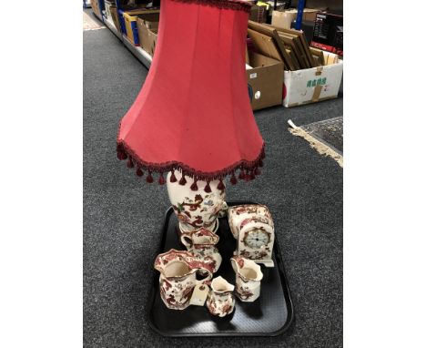 A tray of seven pieces of Red Mandalay mason's china, four graduated jugs, mantle clock, shallow dish, table lamp with shade 